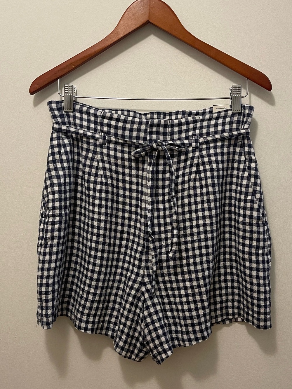 Abercrombie & Fitch Navy and White Gingham High-Waist Shorts